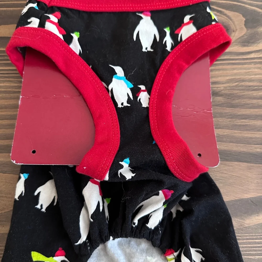 Dog Pajamas Penguin Print Black Red Pet Bodysuit Size Small